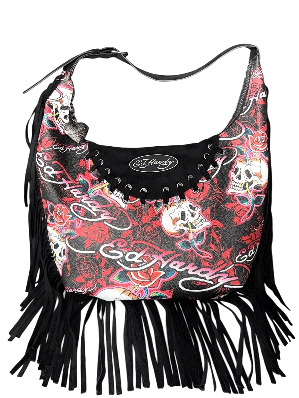Ed Hardy Black, Red & White Skull Rose Fringe Shoulder Bag